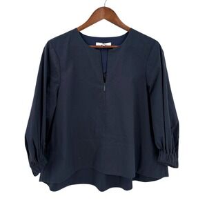 Tibi Navy Blue Seersucker Zip Split Neck Blouse Top Womens Size 8